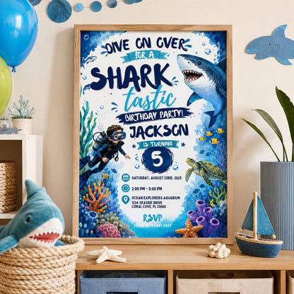 Editable Sharktastic Birthday Invitation Canva Template, Cute Modern Fun Themed DIY Chic Kids Teen Party Invite, Printable Digital Download.