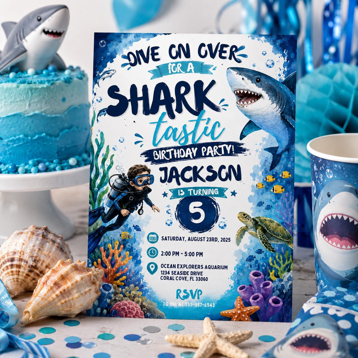 Editable Sharktastic Birthday Invitation Canva Template, Cute Modern Fun Themed DIY Chic Kids Teen Party Invite, Printable Digital Download.