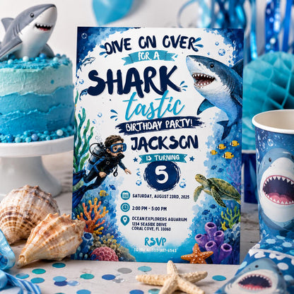 Editable Sharktastic Birthday Invitation Canva Template, Cute Modern Fun Themed DIY Chic Kids Teen Party Invite, Printable Digital Download.