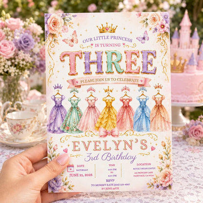 Editable Princess Birthday Invitation Canva Template, Girls Kids Cute Modern Fun Themed Custom DIY Party Invite, Printable Digital Download.