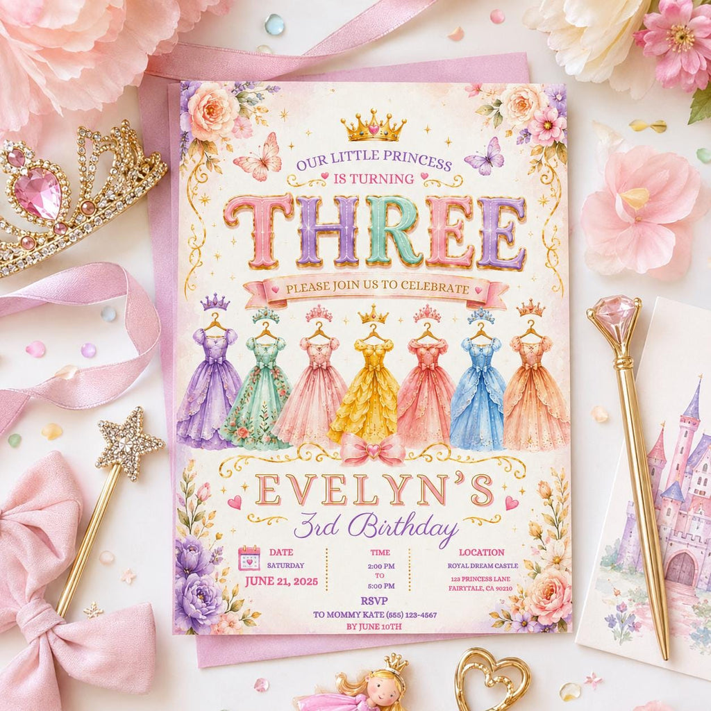 Editable Princess Birthday Invitation Canva Template, Girls Kids Cute Modern Fun Themed Custom DIY Party Invite, Printable Digital Download.