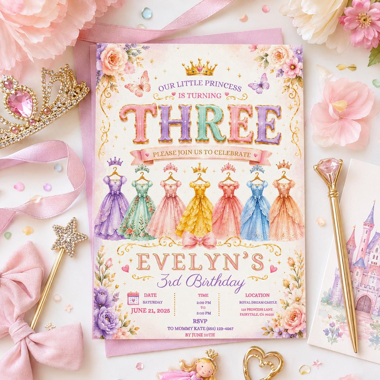Editable Princess Birthday Invitation Canva Template, Girls Kids Cute Modern Fun Themed Custom DIY Party Invite, Printable Digital Download.