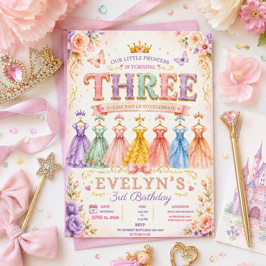 Editable Princess Birthday Invitation Canva Template, Girls Kids Cute Modern Fun Themed Custom DIY Party Invite, Printable Digital Download.