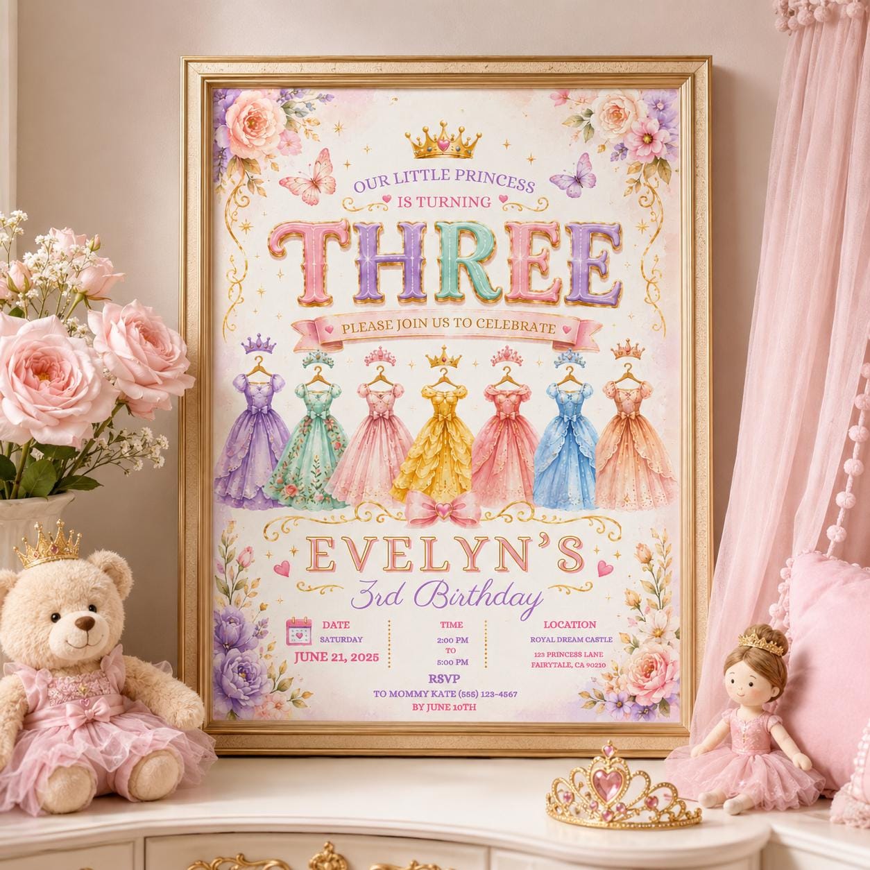 Editable Princess Birthday Invitation Canva Template, Girls Kids Cute Modern Fun Themed Custom DIY Party Invite, Printable Digital Download.