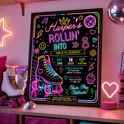 Editable Neon Glow Birthday Invitation Canva Template, Rainbow Girls Kids Neon Cute Modern Fun DIY Party Invite, Printable Digital Download.