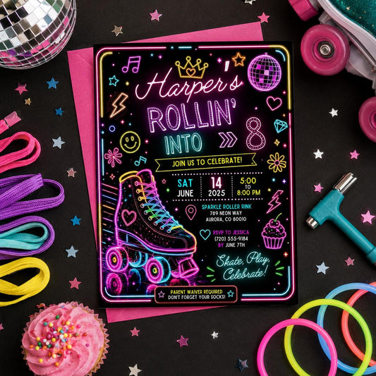 Editable Neon Glow Birthday Invitation Canva Template, Rainbow Girls Kids Neon Cute Modern Fun DIY Party Invite, Printable Digital Download.