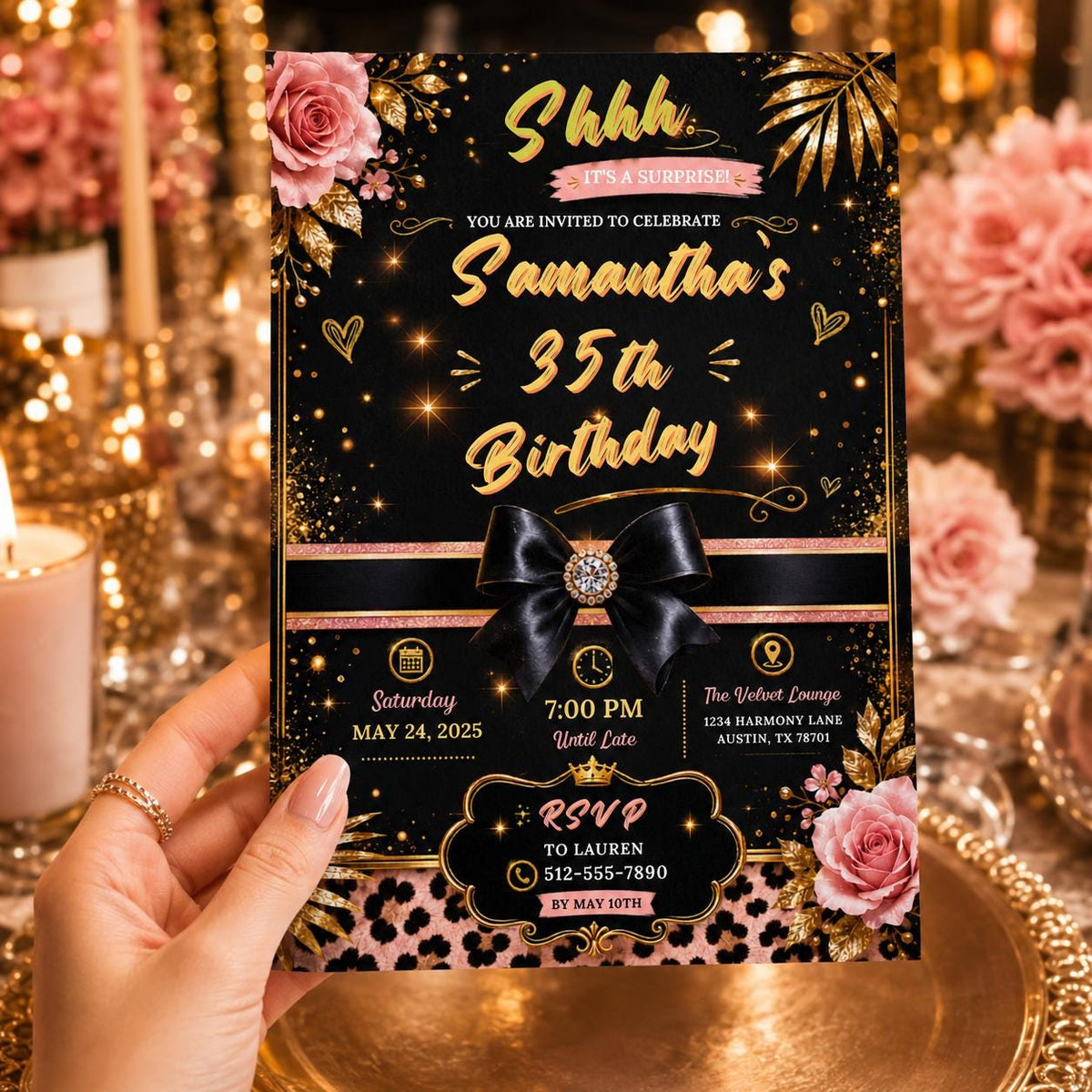 Editable Personalised Leopard Suprise Birthday Invitation Canva Template, Luxury Cute Fun DIY Chic Party Invite, Printable Digital Download.