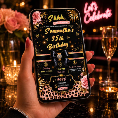 Editable Personalised Leopard Suprise Birthday Invitation Canva Template, Luxury Cute Fun DIY Chic Party Invite, Printable Digital Download.