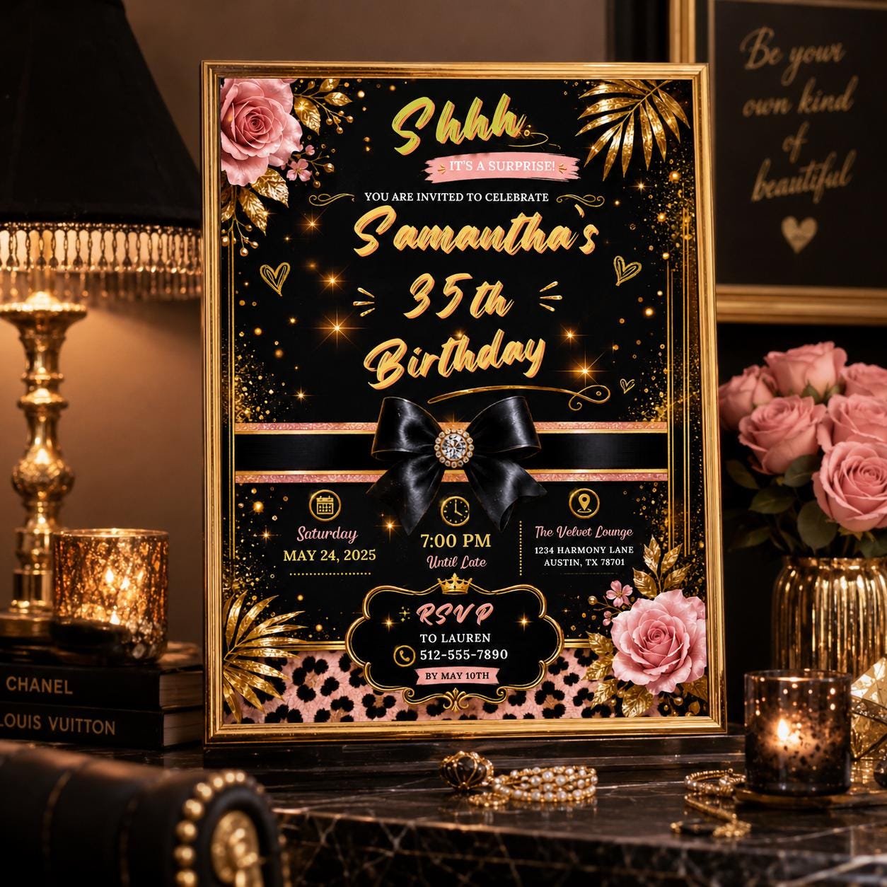 Editable Personalised Leopard Suprise Birthday Invitation Canva Template, Luxury Cute Fun DIY Chic Party Invite, Printable Digital Download.