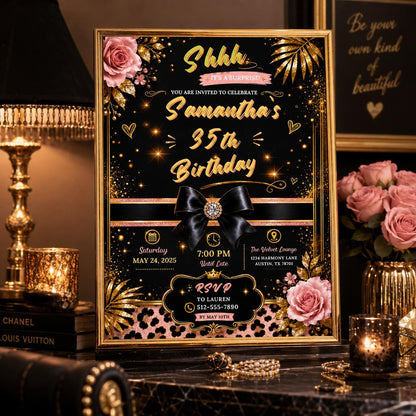 Editable Personalised Leopard Suprise Birthday Invitation Canva Template, Luxury Cute Fun DIY Chic Party Invite, Printable Digital Download.