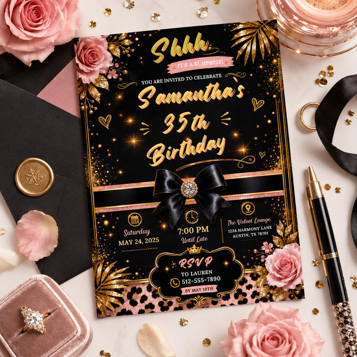 Editable Personalised Leopard Suprise Birthday Invitation Canva Template, Luxury Cute Fun DIY Chic Party Invite, Printable Digital Download.