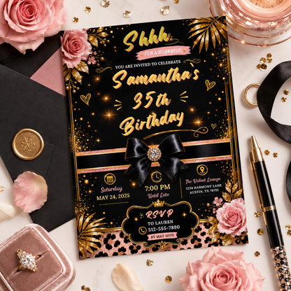 Editable Personalised Leopard Suprise Birthday Invitation Canva Template, Luxury Cute Fun DIY Chic Party Invite, Printable Digital Download.
