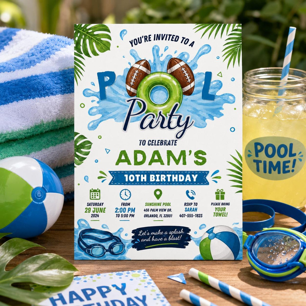 Editable Football Birthday Invitation Canva Template, Boys Pool Cute Modern Fun DIY Chic Kids Teen Party Invite, Printable Digital Download.