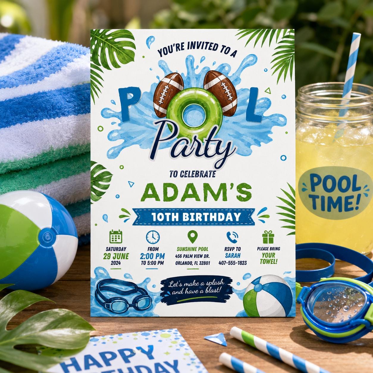 Editable Football Birthday Invitation Canva Template, Boys Pool Cute Modern Fun DIY Chic Kids Teen Party Invite, Printable Digital Download.