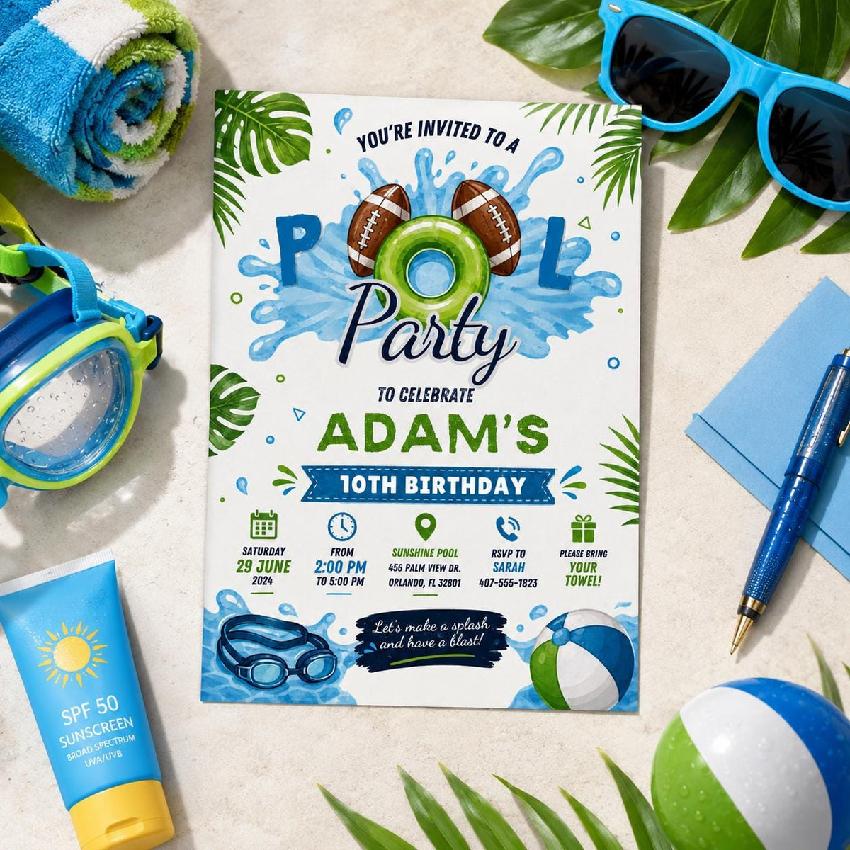 Editable Football Birthday Invitation Canva Template, Boys Pool Cute Modern Fun DIY Chic Kids Teen Party Invite, Printable Digital Download.