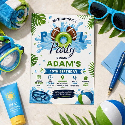 Editable Football Birthday Invitation Canva Template, Boys Pool Cute Modern Fun DIY Chic Kids Teen Party Invite, Printable Digital Download.