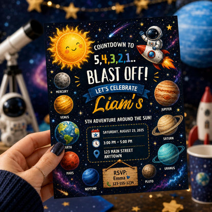 Editable Space Galaxy Birthday Invitation Canva Template, Orange Teal Girls Kids Cute Fun DIY Chic Party Invite, Printable Digital Download.