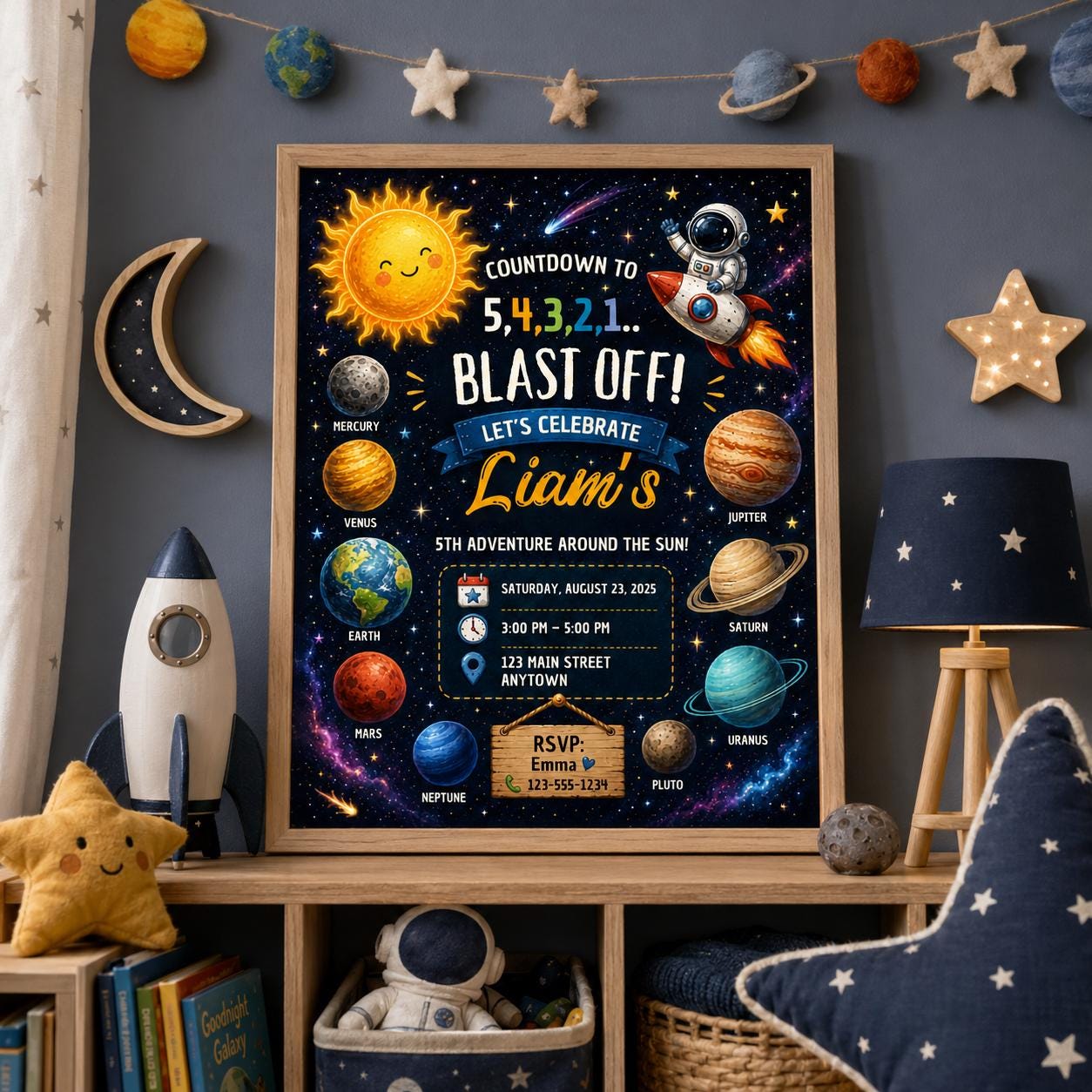 Editable Space Galaxy Birthday Invitation Canva Template, Orange Teal Girls Kids Cute Fun DIY Chic Party Invite, Printable Digital Download.
