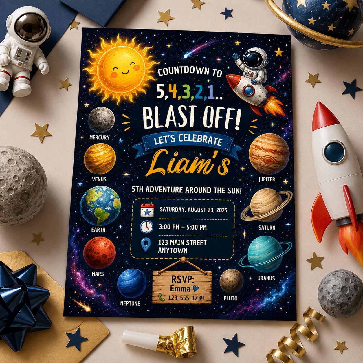 Editable Space Galaxy Birthday Invitation Canva Template, Orange Teal Girls Kids Cute Fun DIY Chic Party Invite, Printable Digital Download.