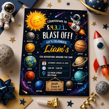 Editable Space Galaxy Birthday Invitation Canva Template, Orange Teal Girls Kids Cute Fun DIY Chic Party Invite, Printable Digital Download.