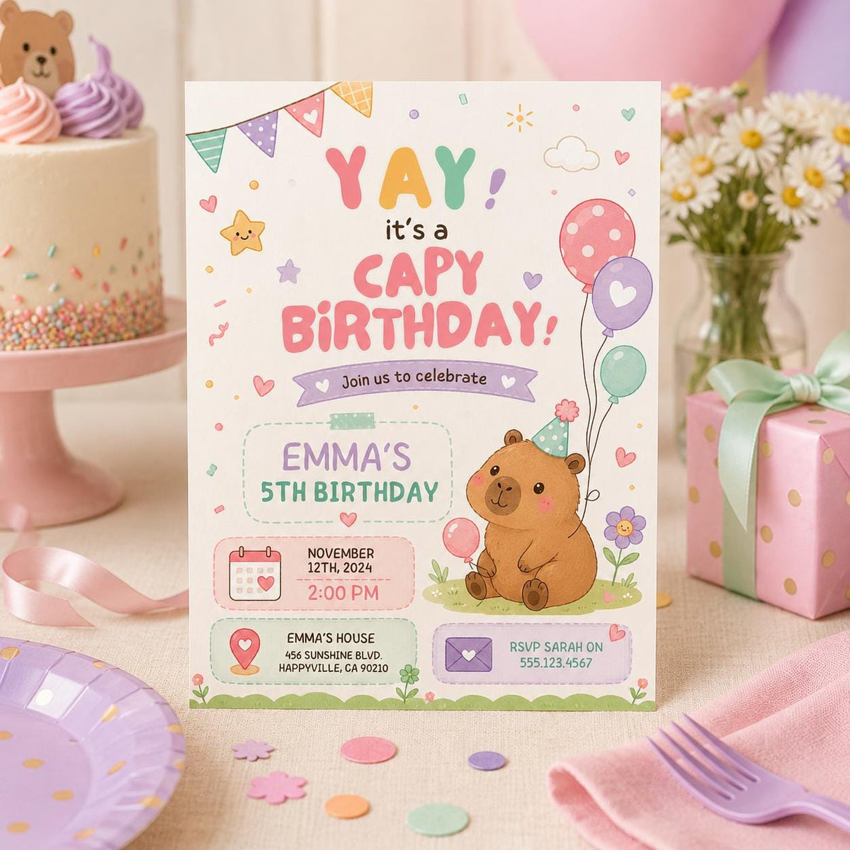 Editable Animal Birthday Invitation Canva Template, Pastel Cute Kids Fun DIY Sweet Chic Teen Tween Party Invite, Printable Digital Download.