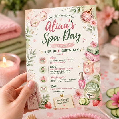 Editable Spa Birthday Invitation Canva Template, Girls Spa Cute Fun DIY Sweet Chic Kids Teen Tween Party Invite, Printable Digital Download.