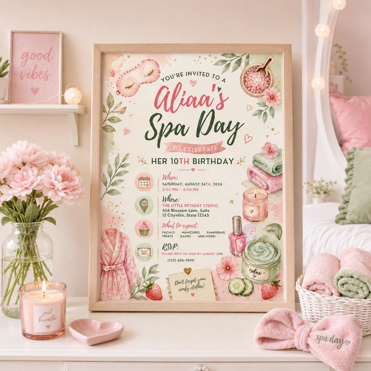Editable Spa Birthday Invitation Canva Template, Girls Spa Cute Fun DIY Sweet Chic Kids Teen Tween Party Invite, Printable Digital Download.