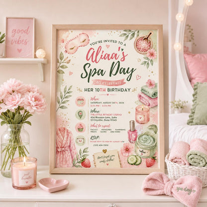Editable Spa Birthday Invitation Canva Template, Girls Spa Cute Fun DIY Sweet Chic Kids Teen Tween Party Invite, Printable Digital Download.