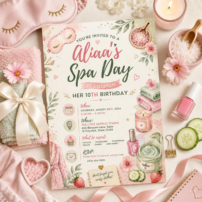 Editable Spa Birthday Invitation Canva Template, Girls Spa Cute Fun DIY Sweet Chic Kids Teen Tween Party Invite, Printable Digital Download.