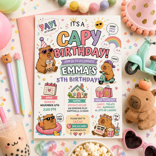 Editable Animal Birthday Invitation Canva Template, Pastel Cute Kids Fun DIY Sweet Chic Teen Tween Party Invite, Printable Digital Download.