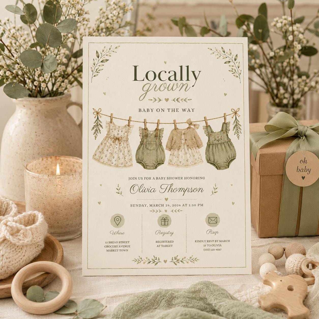 Editable Farmers Market Baby Shower Invitation Canva Template, Green Floral Kids Cute Fun DIY Chic Party Invite, Printable Digital Download.