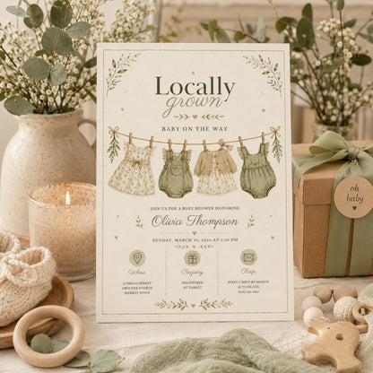 Editable Farmers Market Baby Shower Invitation Canva Template, Green Floral Kids Cute Fun DIY Chic Party Invite, Printable Digital Download.