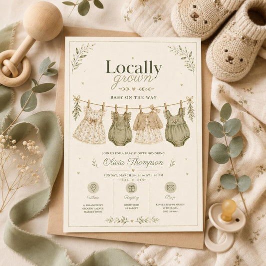 Editable Farmers Market Baby Shower Invitation Canva Template, Green Floral Kids Cute Fun DIY Chic Party Invite, Printable Digital Download.