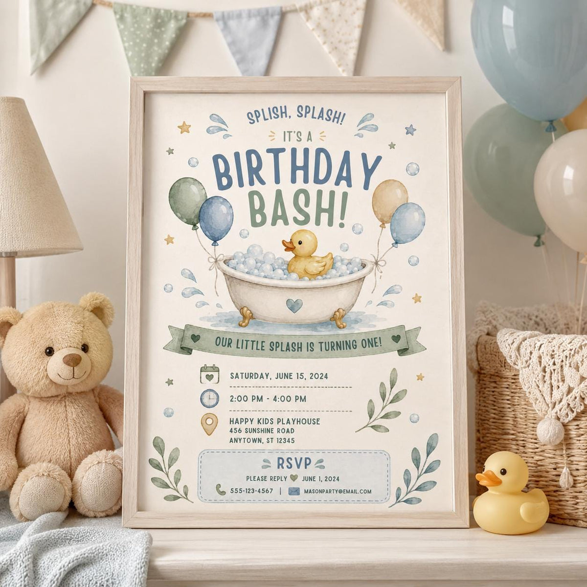 Editable Pool Birthday Invitation Canva Template, Blue Boys Kids Summer Cute Modern Fun Themed DIY Party Invite, Printable Digital Download.