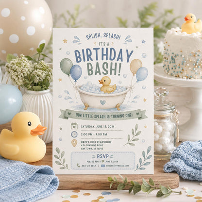 Editable Pool Birthday Invitation Canva Template, Blue Boys Kids Summer Cute Modern Fun Themed DIY Party Invite, Printable Digital Download.