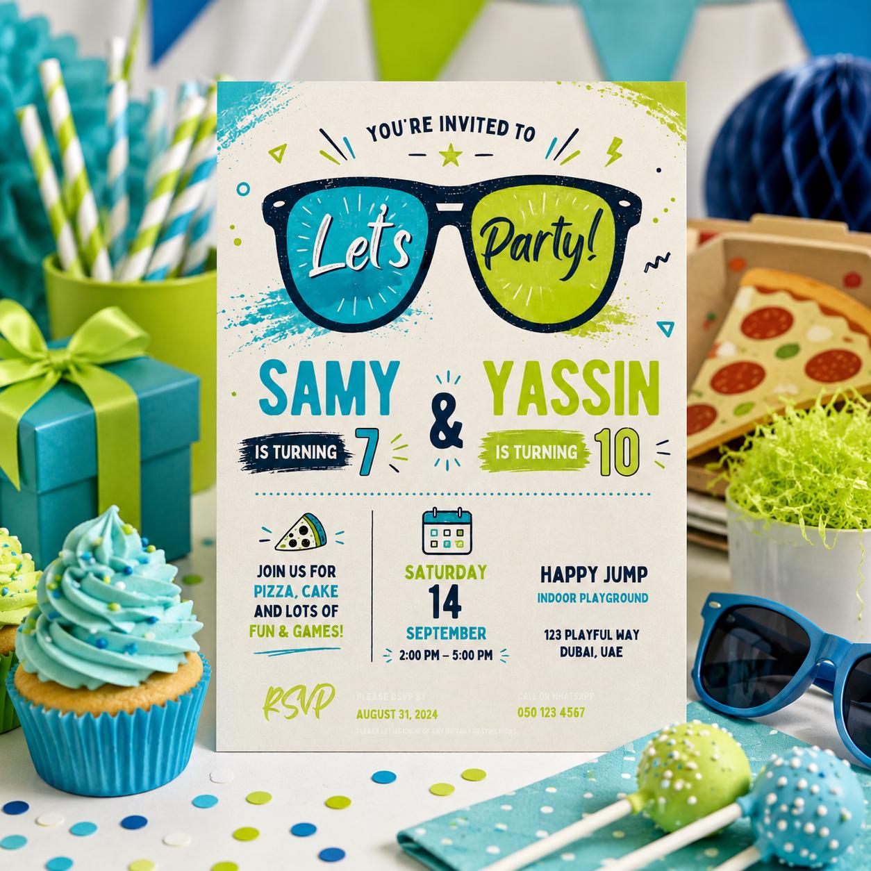 Editable Sunglasses Summer Birthday Invitation Canva Template, Kids Cute Modern Fun DIY Sweet Chic Party Invite, Printable Digital Download.