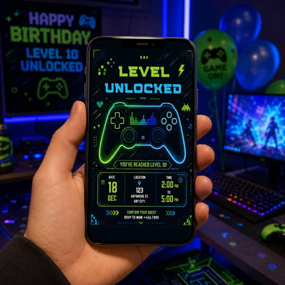 Editable Gamer Birthday Invitation Canva Template, Blue Green Neon Boys Cute Modern Fun Themed DIY Party Invite, Printable Digital Download.