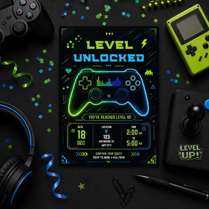 Editable Gamer Birthday Invitation Canva Template, Blue Green Neon Boys Cute Modern Fun Themed DIY Party Invite, Printable Digital Download.