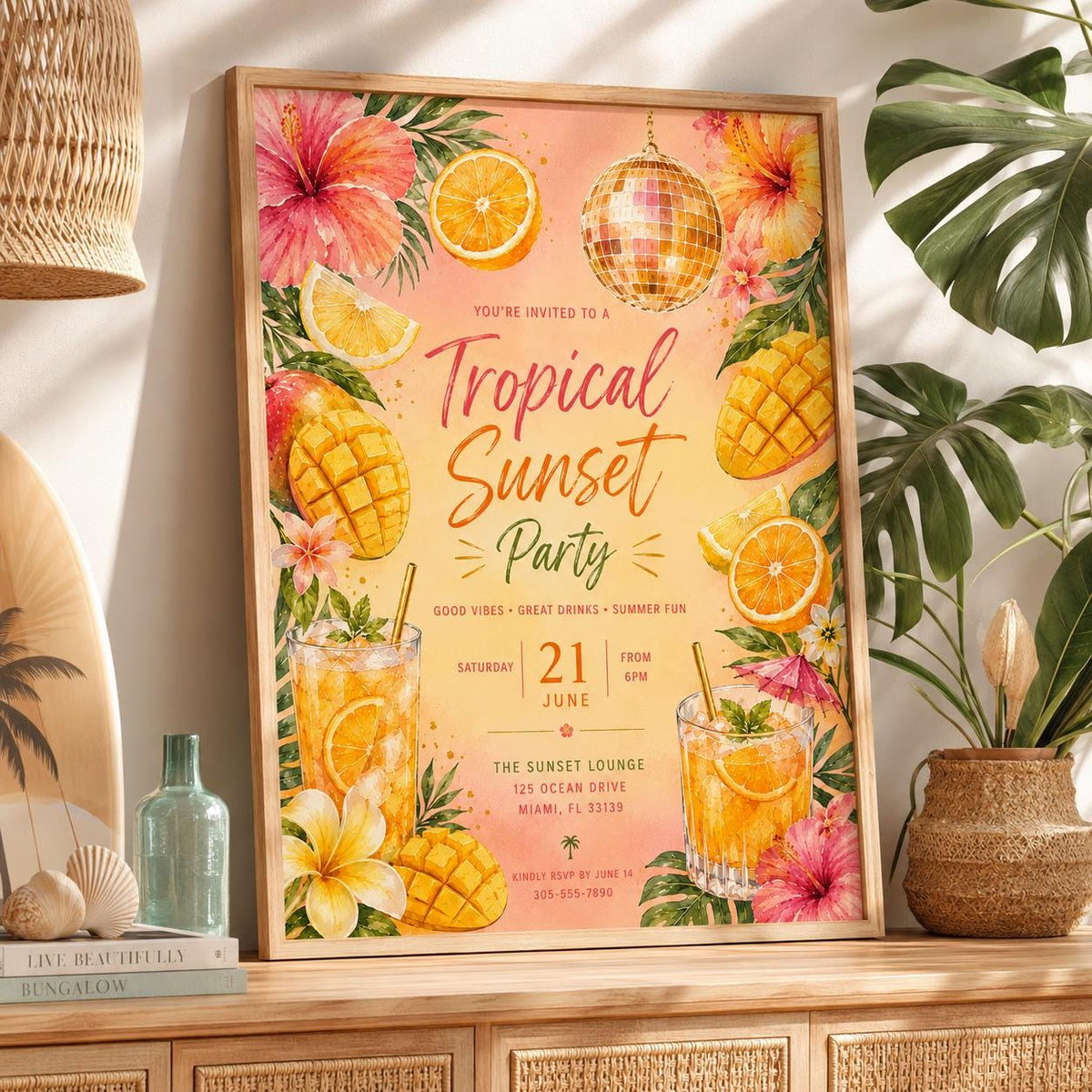 Editable Disco Party Invitation Canva Template, Pink Orange Yellow Girls Adult Cute Fun DIY Sweet Chic Kids Teen Printable Digital Download.