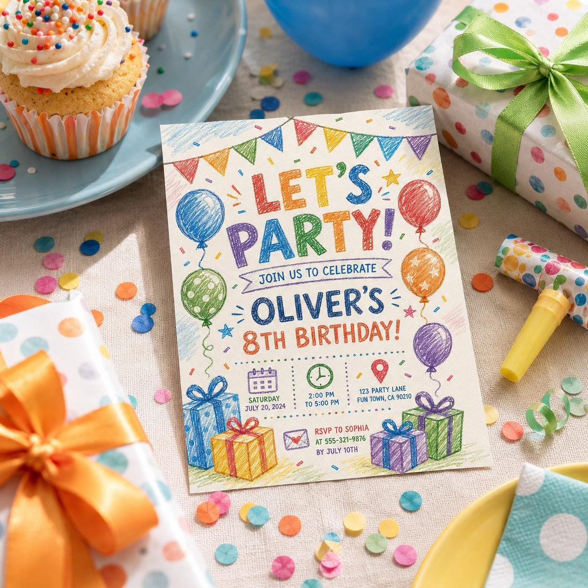Editable Simple Colorful Birthday Invitation Canva Template, Rainbow Kids Cute Modern Fun DIY Chic Party Invite, Printable Digital Download.