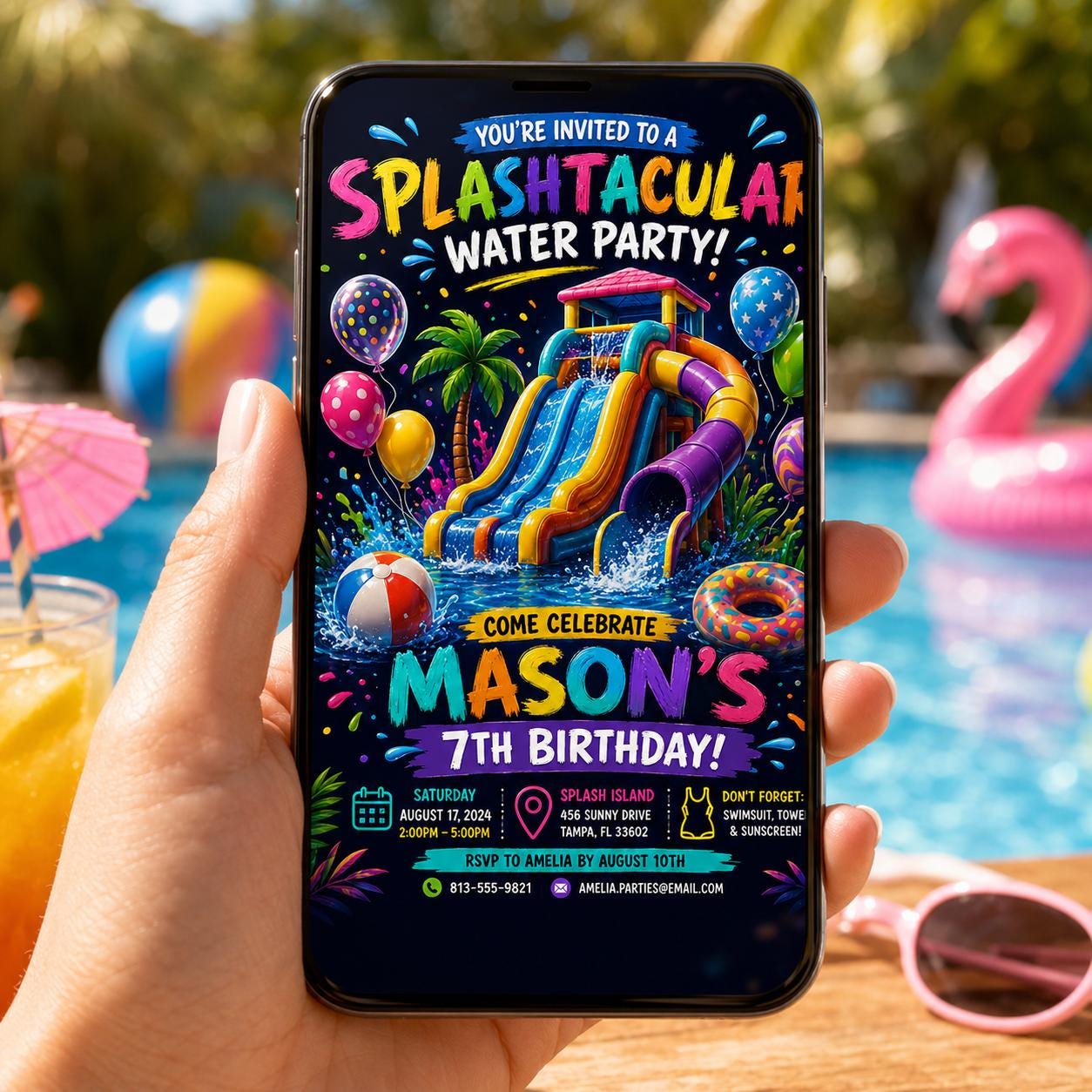 Editable Pool Birthday Invitation Canva Template, Kids Summer Cute Modern Fun Themed DIY Chic Teen Party Invite, Printable Digital Download.