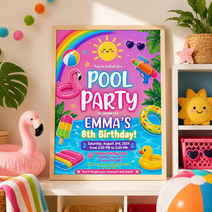Editable Pool Birthday Invitation Canva Template, Blue Green Neon Boys Pool Cute Fun DIY Chic Kids Party Invite, Printable Digital Download.