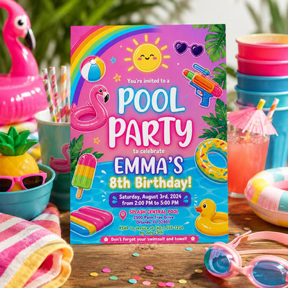Editable Pool Birthday Invitation Canva Template, Blue Green Neon Boys Pool Cute Fun DIY Chic Kids Party Invite, Printable Digital Download.