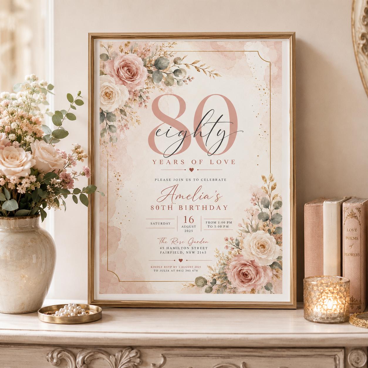 Editable Floral Birthday Invitation Canva Template, Blush Girls Adult Cute Fun DIY Sweet Chic Kids Party Invite, Printable Digital Download.