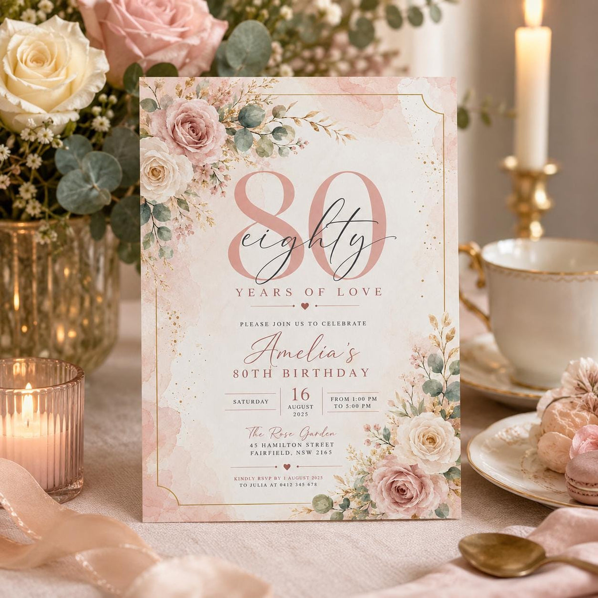 Editable Floral Birthday Invitation Canva Template, Blush Girls Adult Cute Fun DIY Sweet Chic Kids Party Invite, Printable Digital Download.