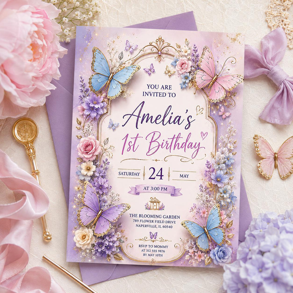 Editable Butterfly Birthday Invitation Canva Template, Pink Purple Floral Kids Cute Modern Fun DIY Party Invite, Printable Digital Download.