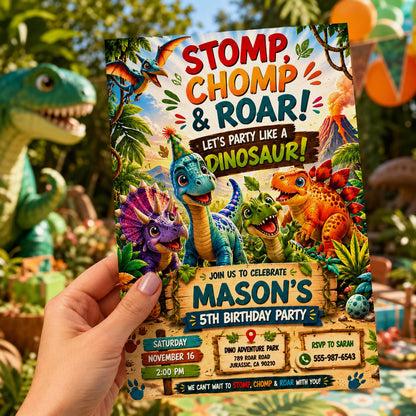Editable Dinosaur Birthday Invitation Canva Template, Boys Dino Cute Modern Fun DIY Chic Kids Teen Party Invite, Printable Digital Download.