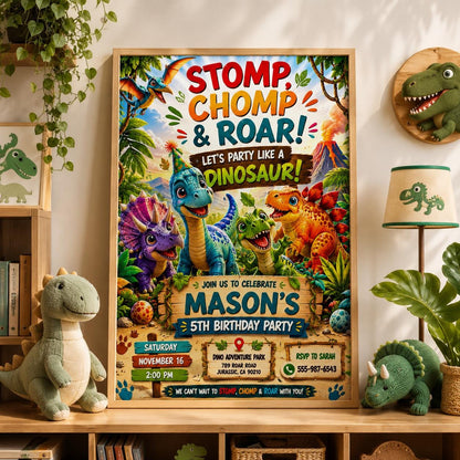 Editable Dinosaur Birthday Invitation Canva Template, Boys Dino Cute Modern Fun DIY Chic Kids Teen Party Invite, Printable Digital Download.