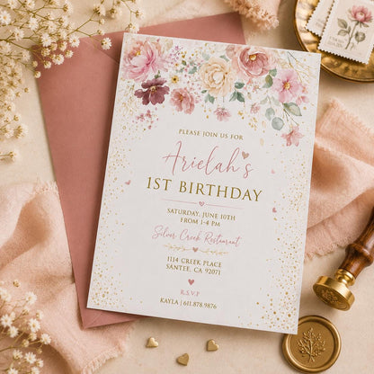 Editable Garden Birthday Invitation Canva Template, Floral Girls Kids Cute Fun DIY Sweet Chic Teen Party Invite, Printable Digital Download.