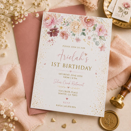 Editable Garden Birthday Invitation Canva Template, Floral Girls Kids Cute Fun DIY Sweet Chic Teen Party Invite, Printable Digital Download.